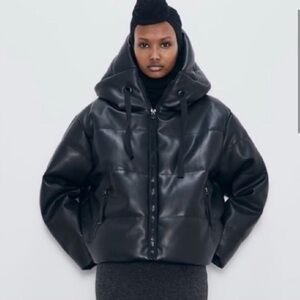 Zara Black Faux Leather Oversized Hooded Puffer Jacket XXL